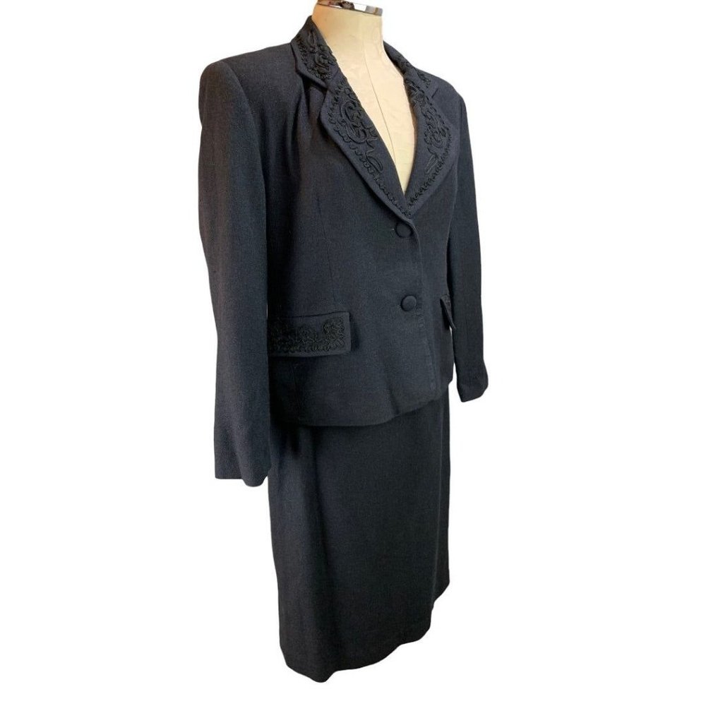 8 Focus 2000 Vintage Y2K Women's Black 2 Piece Skirt Suit Silk Wool Blend